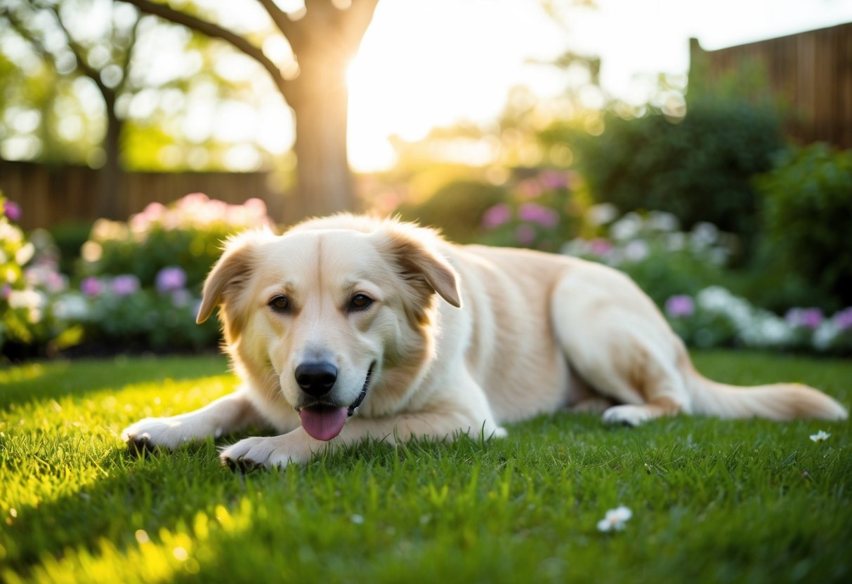 A serene dog lying peacefully in a sunlit garden, surrounded by flowers and trees, with a gentle expression on its face