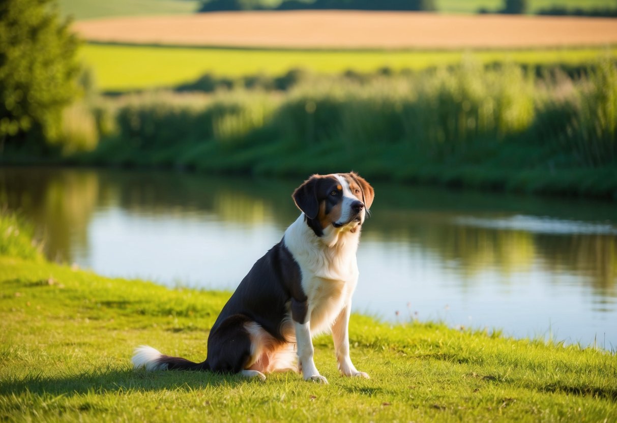 A serene countryside with a peaceful, non-barking dog sitting calmly by a tranquil pond