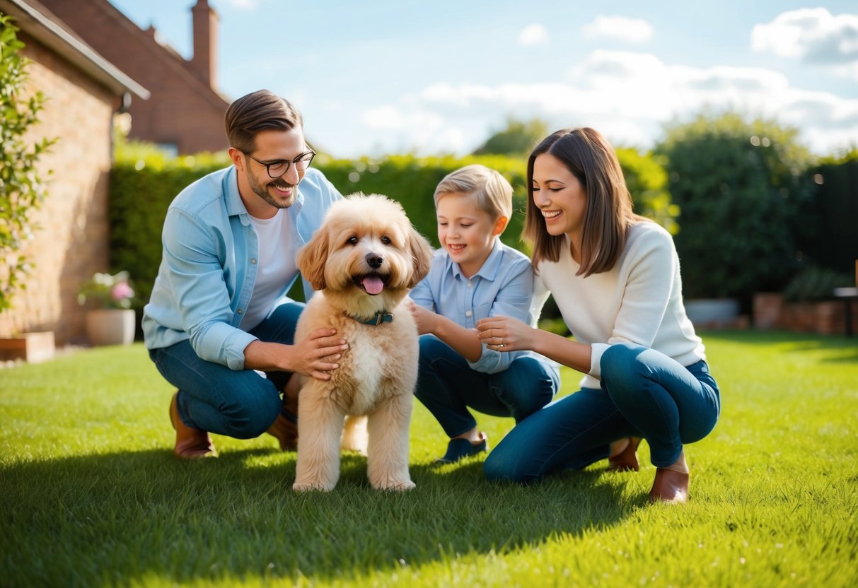 A happy family playing with a fluffy, non-shedding dog in a sunlit backyard