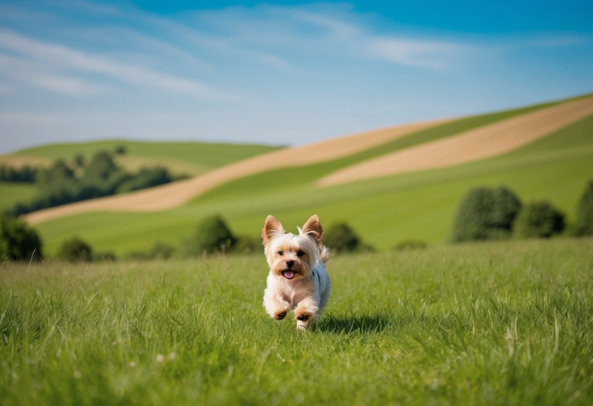 A serene countryside with a small, peaceful non-barking dog playing in a lush, green meadow surrounded by gentle rolling hills and a clear blue sky