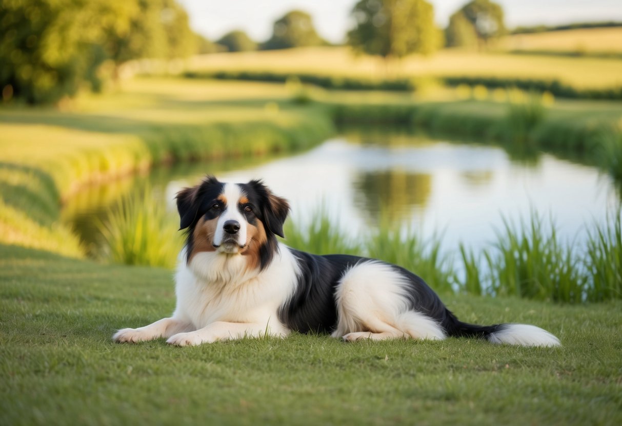 A peaceful countryside with a serene, non-barking dog resting by a tranquil pond