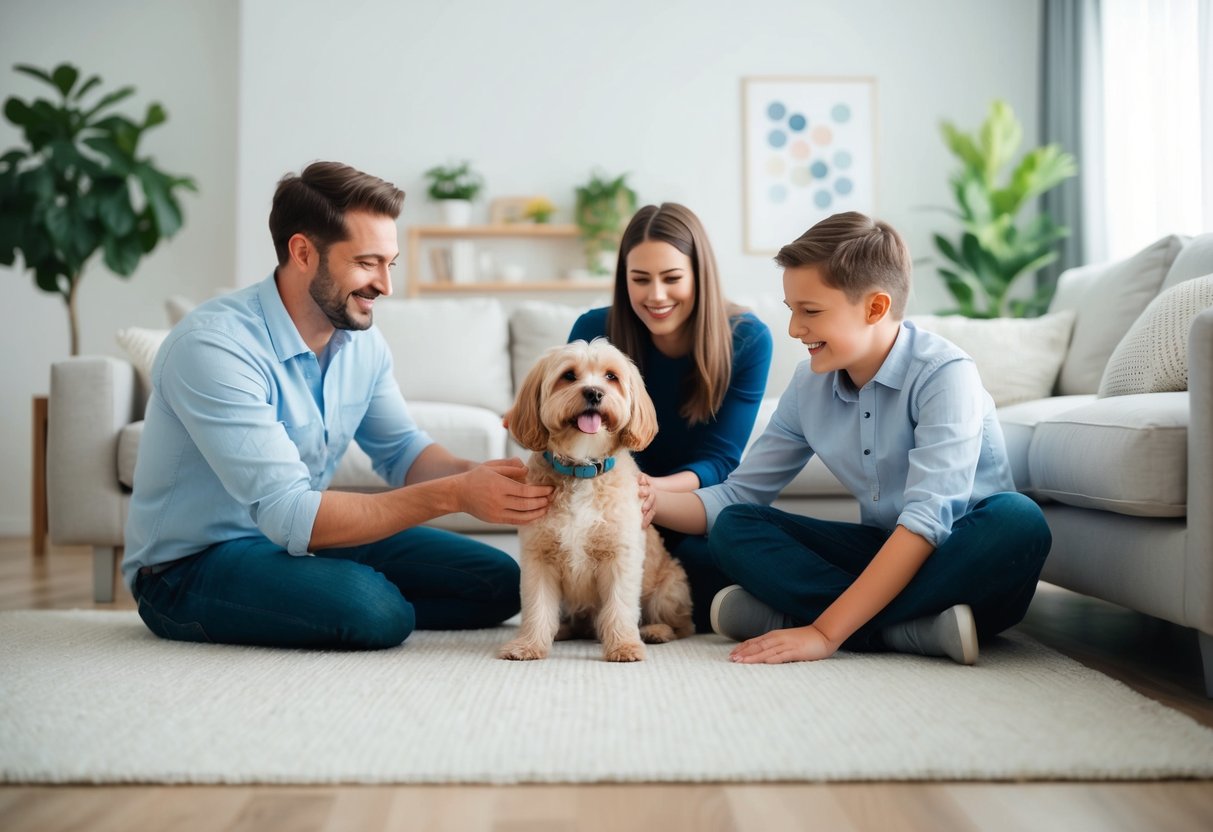 A happy family playing with a non-shedding dog in a tidy living room