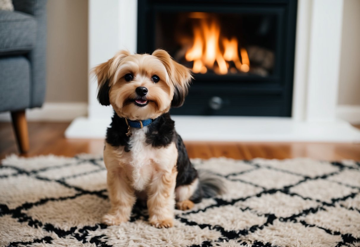 A small, fluffy dog sitting on a cozy rug in front of a fireplace, with a wagging tail and a contented expression