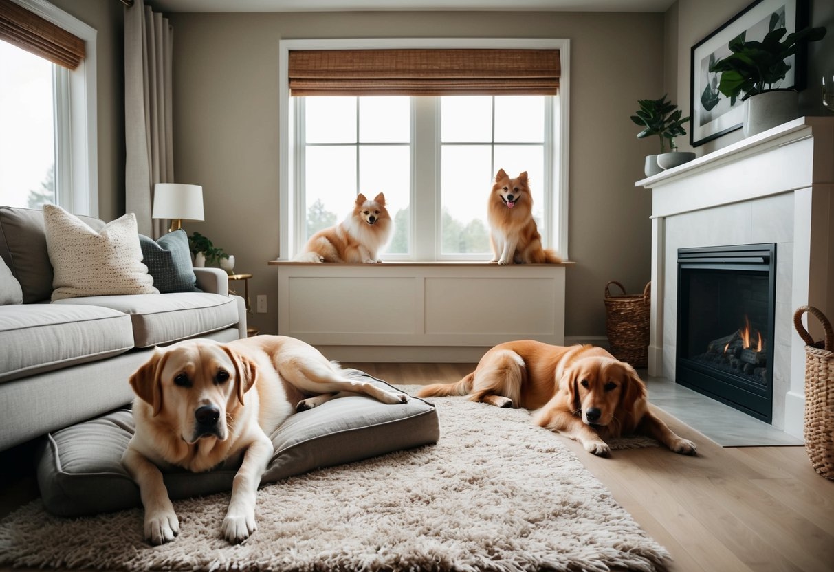 A cozy living room with a Labrador lounging on a plush rug, a Pomeranian perched on a window sill, and a Golden Retriever resting by the fireplace