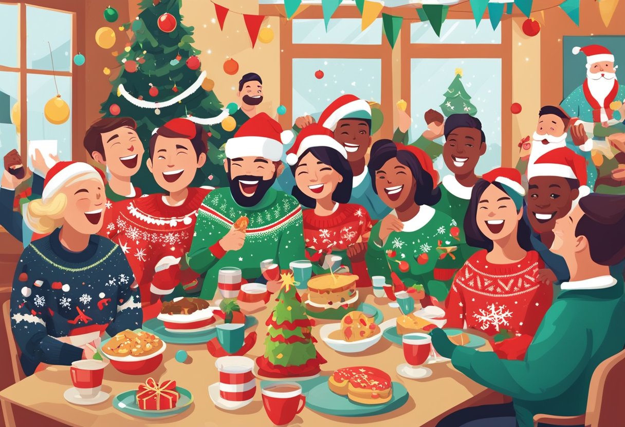 A group of people wearing festive, over-the-top Christmas sweaters, laughing and participating in fun activities and contests at a lively party