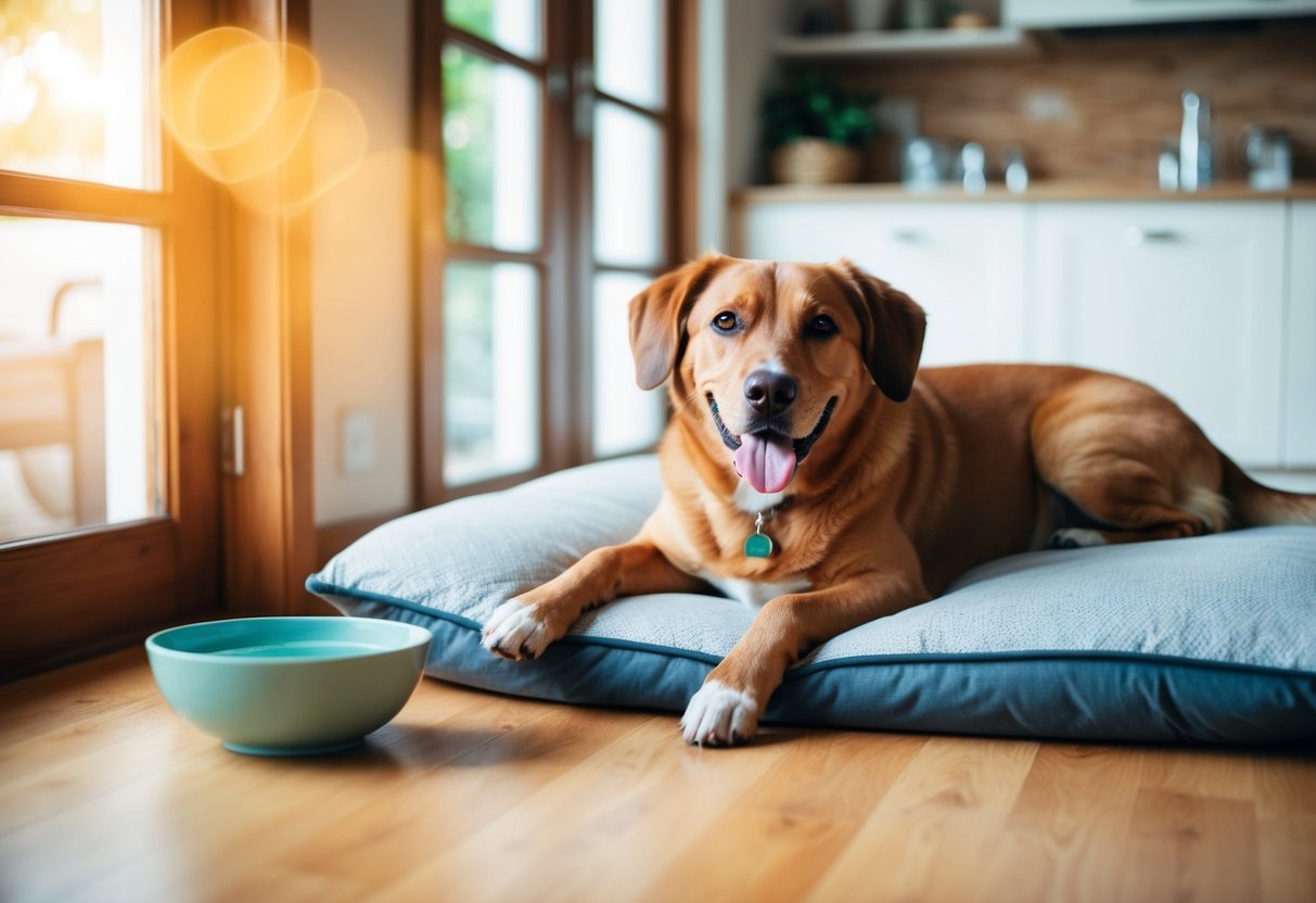 A happy, healthy dog lounging in a cozy, well-kept home with a bowl of fresh water and a comfortable bed nearby