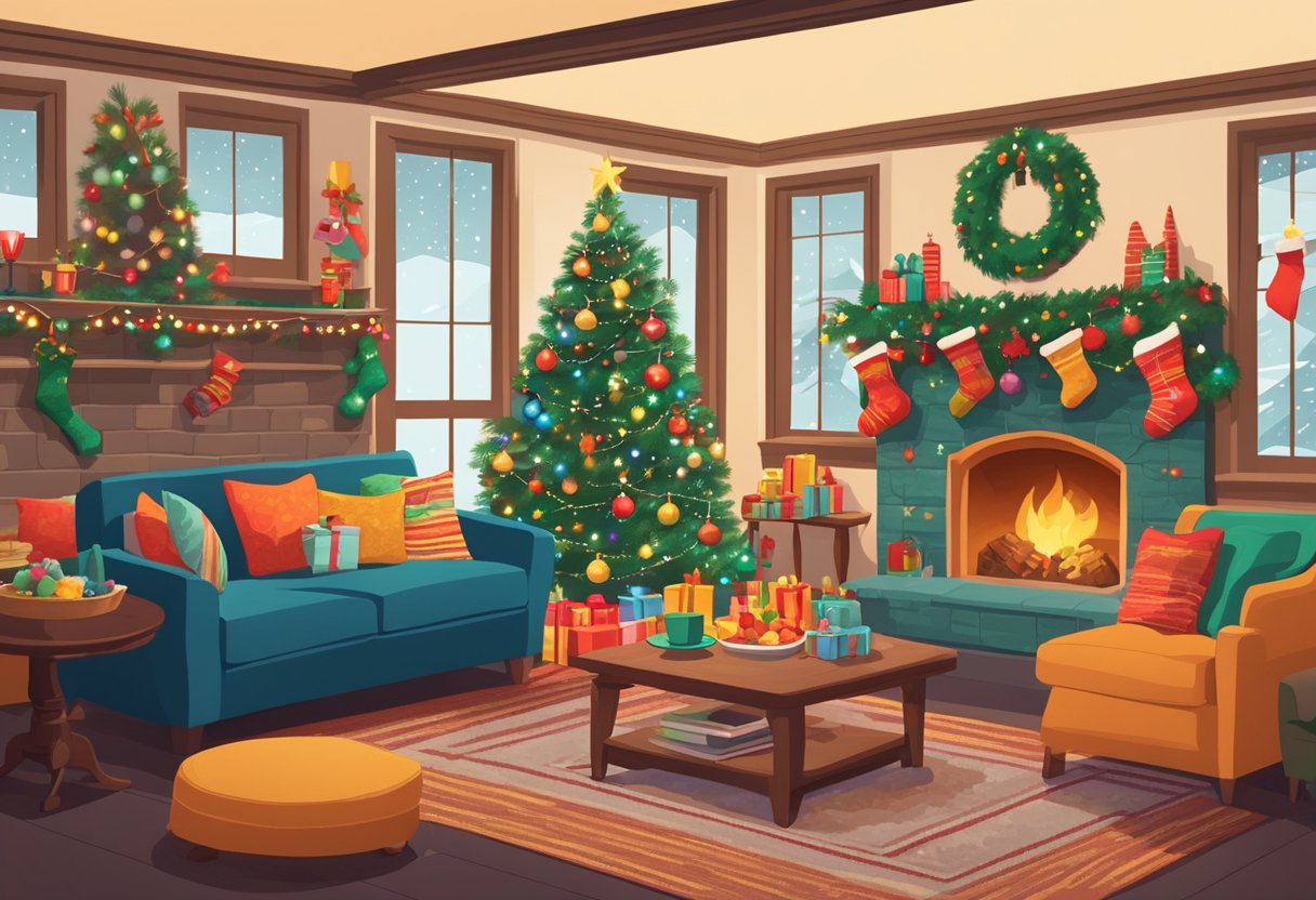 A festive living room with a fireplace, cozy couches, and a large Christmas tree adorned with colorful lights and ornaments. Tables are set with holiday treats and drinks, and guests are wearing silly, mismatched Christmas sweaters