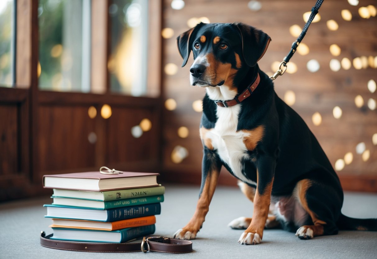 A well-behaved dog sitting calmly beside a stack of training books, with a leash and collar nearby