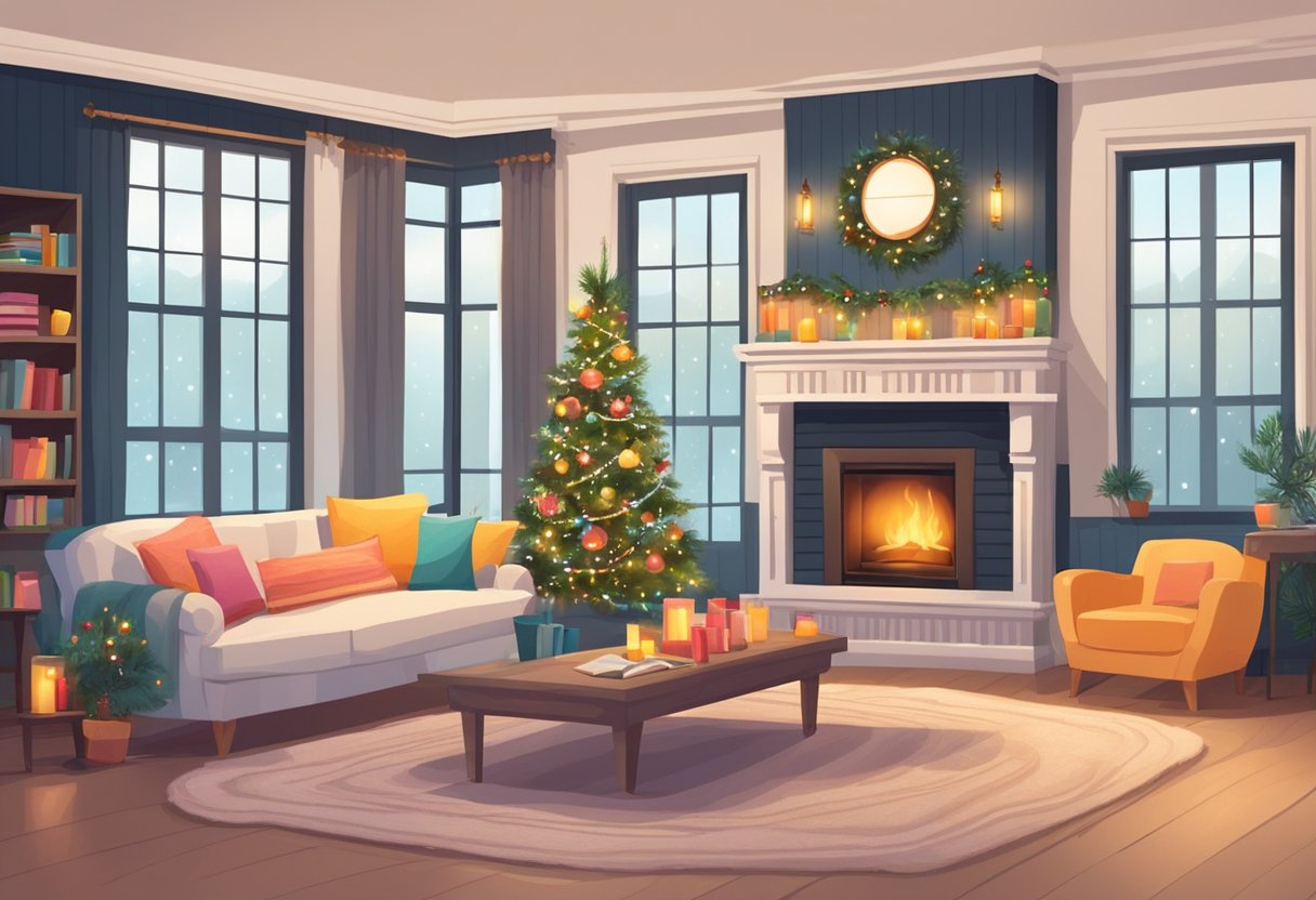 A cozy living room with a fireplace, decorated with festive lights and ornaments. A table holds a stack of colorful, hand-crafted invitations