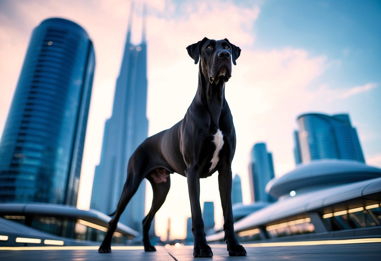 A massive Great Dane stands proudly in a futuristic city, towering over buildings with its impressive size and powerful presence