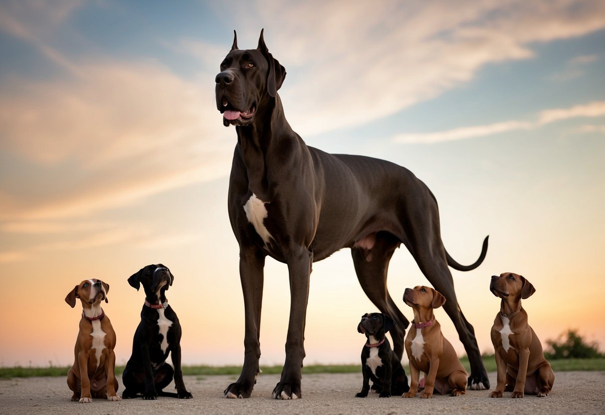 A massive Great Dane, standing tall and proud, with a gentle expression and a wagging tail, surrounded by smaller dogs looking up in awe