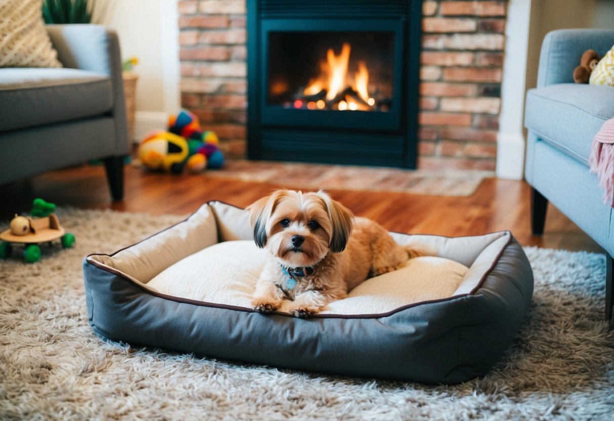 A cozy living room with a small, fluffy dog lying on a plush rug next to a crackling fireplace, surrounded by toys and a comfy dog bed