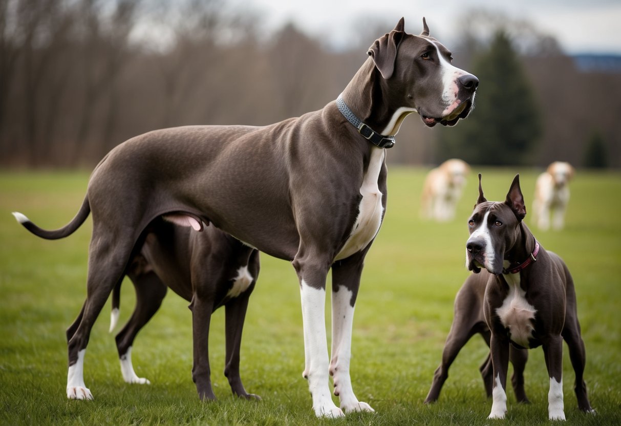 A massive Great Dane stands proudly, towering over other dogs, showcasing its impressive size as the largest breed in 2024