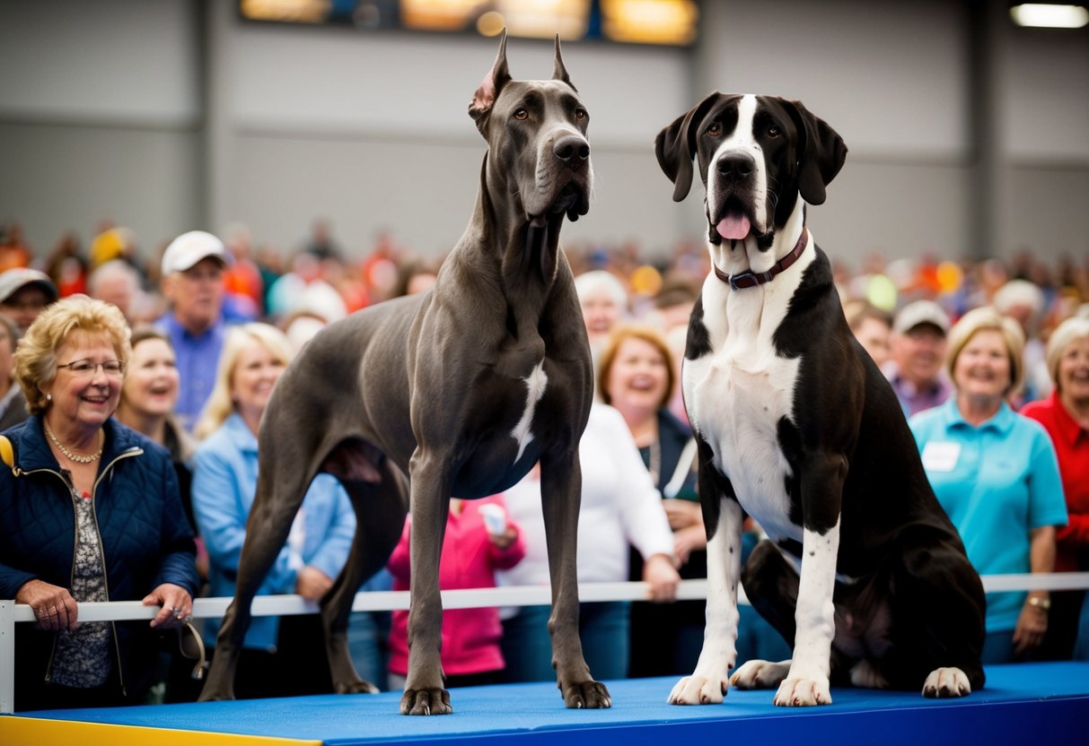 A Great Dane stands tall next to a Saint Bernard, both towering over a crowd of excited onlookers at a dog show