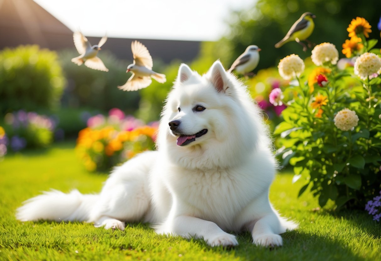 A serene, fluffy white Samoyed dog lounging peacefully in a sunlit garden, surrounded by colorful flowers and chirping birds