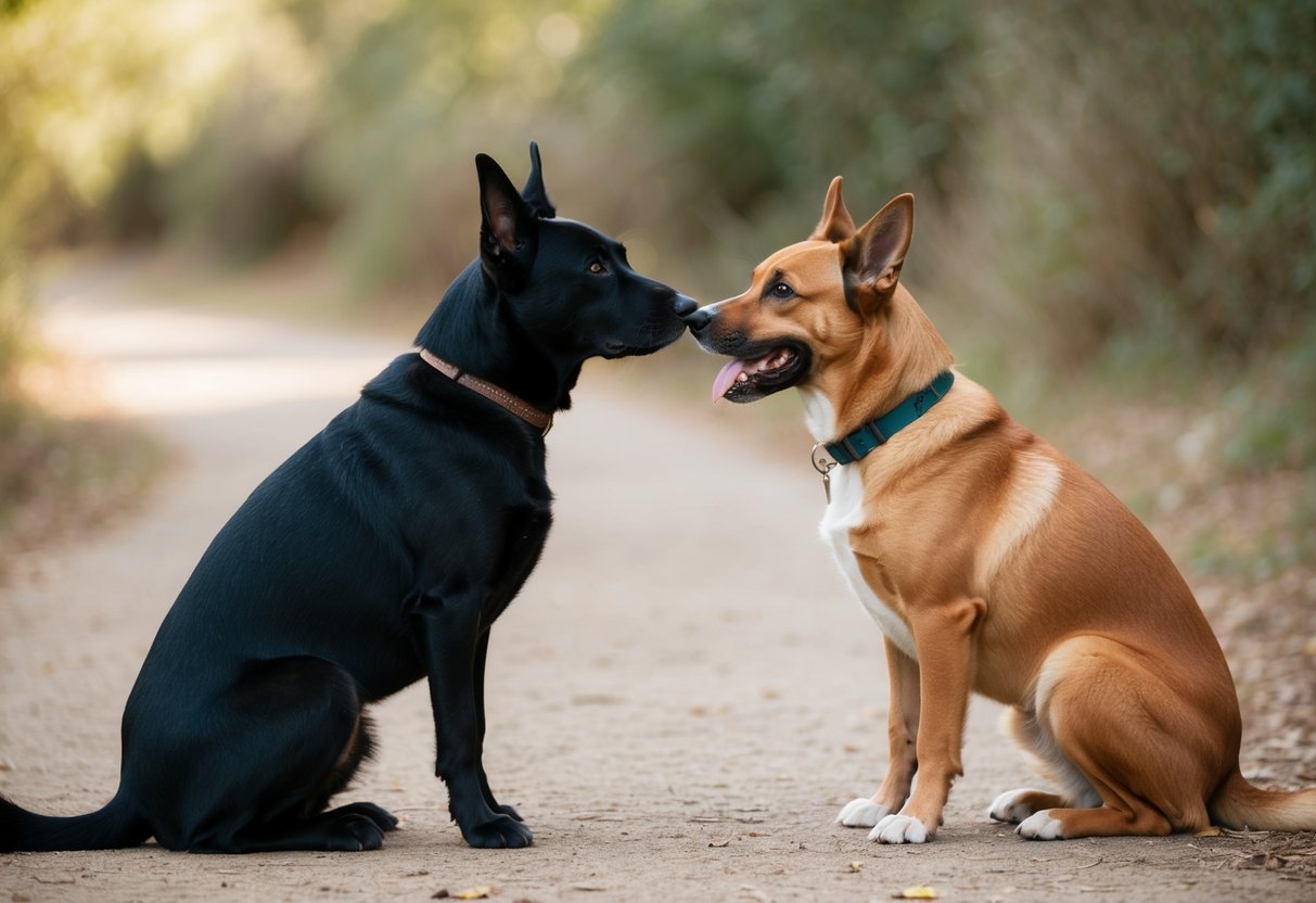 A calm, attentive dog sitting quietly with ears perked and tail relaxed, making eye contact with another dog in a peaceful, natural setting