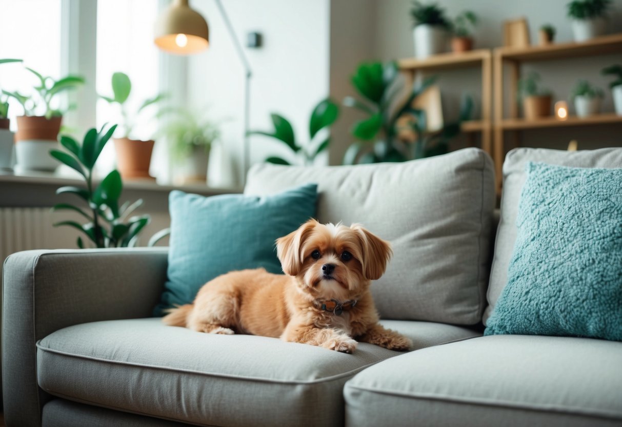 A cozy living room with a small, fluffy dog lounging on a comfortable couch, surrounded by indoor plants and soft lighting