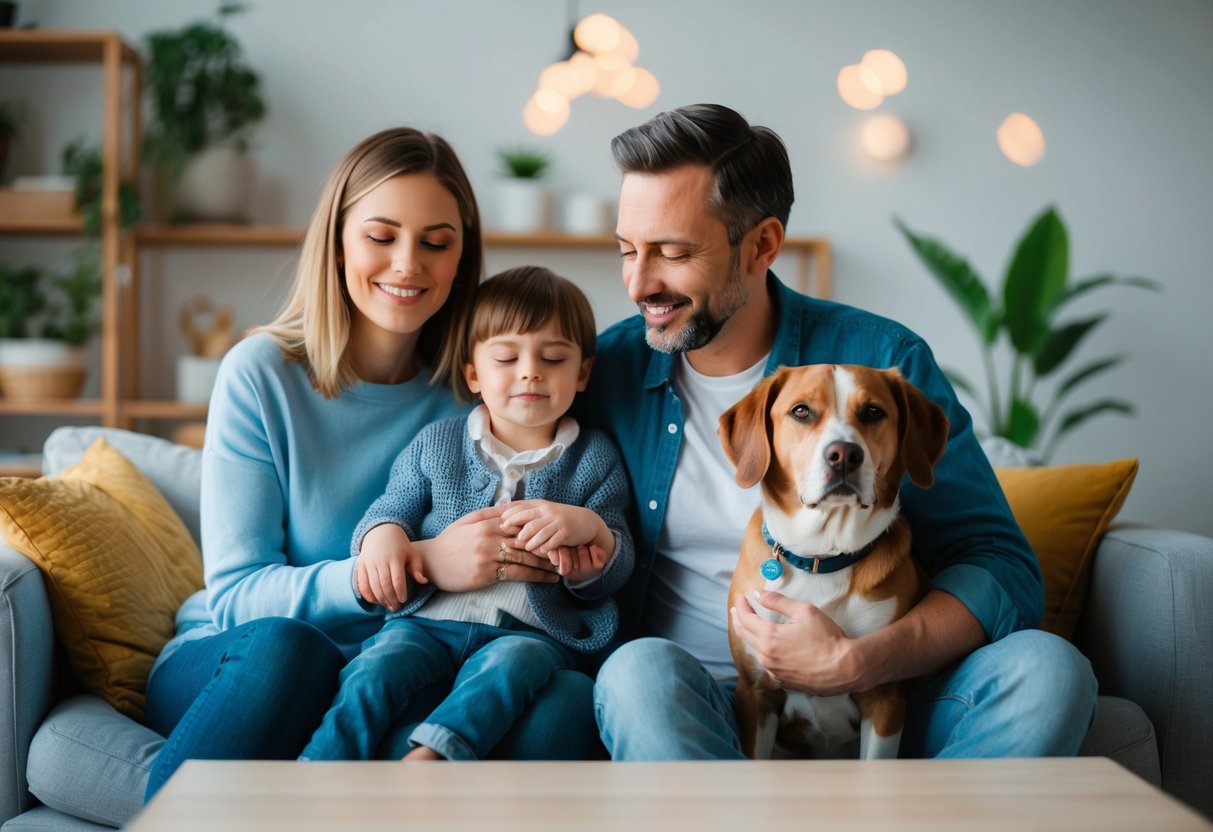 A peaceful family and a calm dog in a cozy apartment setting