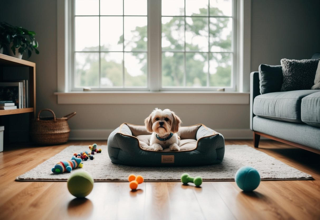 A cozy living room with a small dog bed, toys scattered on the floor, and a large window letting in natural light