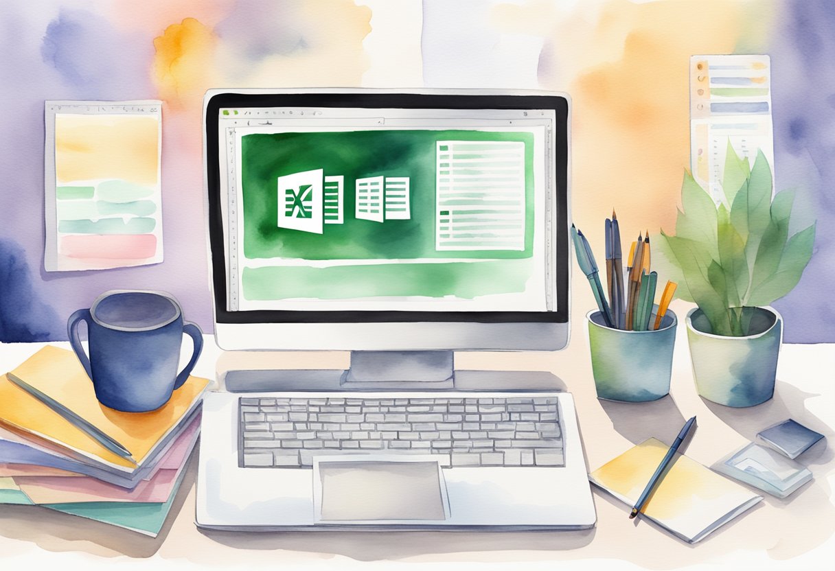 A computer screen displaying an Excel workbook with email automation settings open, surrounded by a desk with office supplies