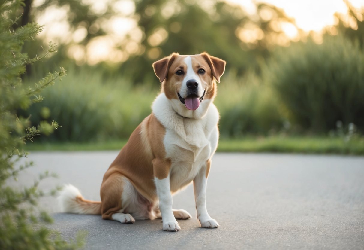 A serene, content dog sitting calmly in a peaceful, quiet environment, possibly surrounded by calming elements like soft lighting and nature