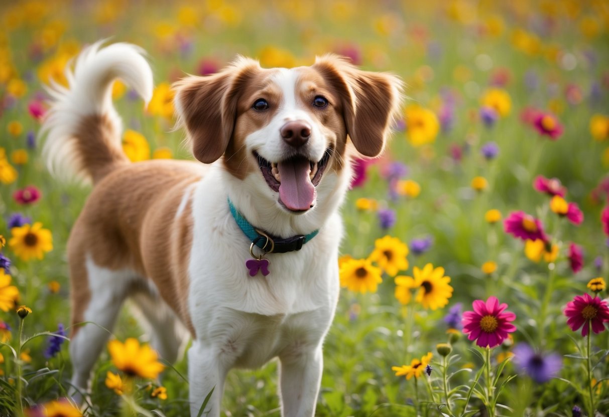 A happy, wagging female dog with floppy ears and a shiny coat, surrounded by a field of colorful wildflowers