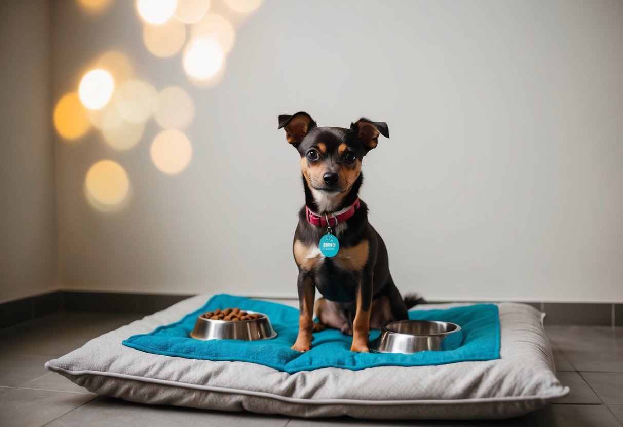 A small, mixed-breed dog sitting on a simple bed with a bowl of food and water nearby. A price tag on a collar indicates affordability