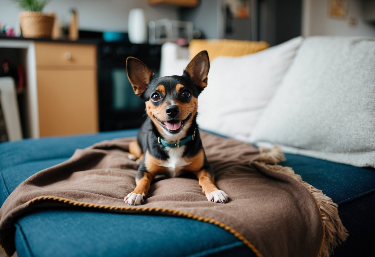 A small, mixed-breed dog sits on a worn blanket in a cluttered, budget-friendly apartment. Its eager eyes and wagging tail convey a sense of joy and companionship