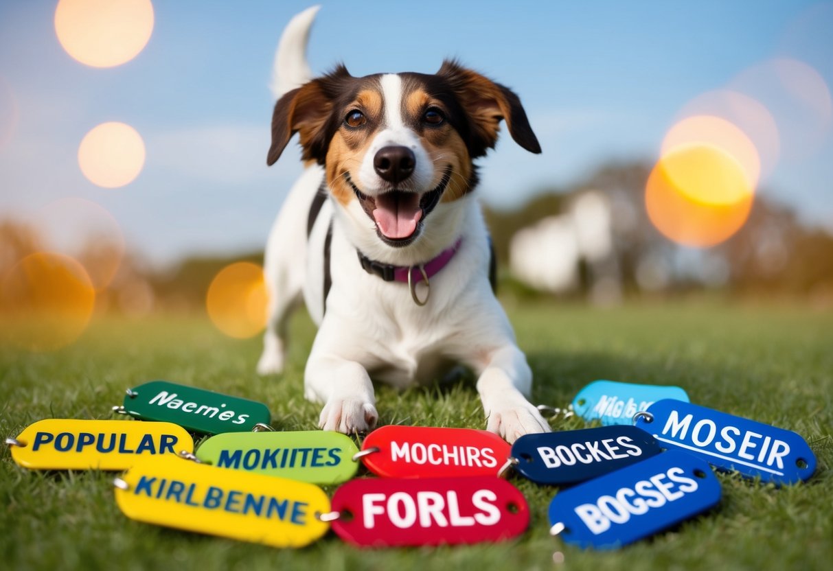 A joyful female dog wagging her tail, surrounded by a variety of classic and popular dog names written on colorful dog tags