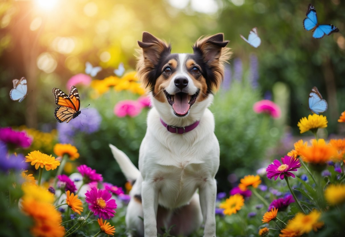 A joyful female dog with a wagging tail, surrounded by colorful flowers and butterflies in a whimsical garden setting