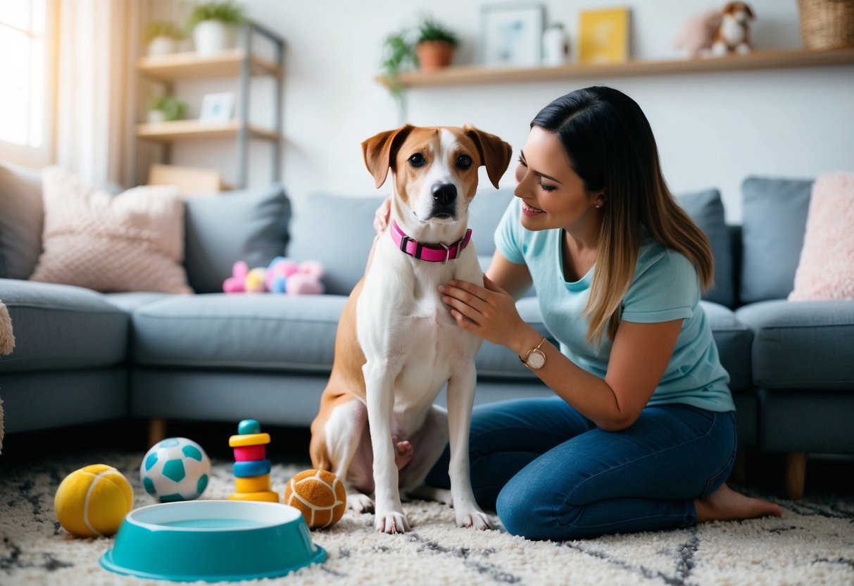 A female dog with a pink collar sits in a cozy living room, surrounded by toys and a bowl of water, while her owner lovingly pets her