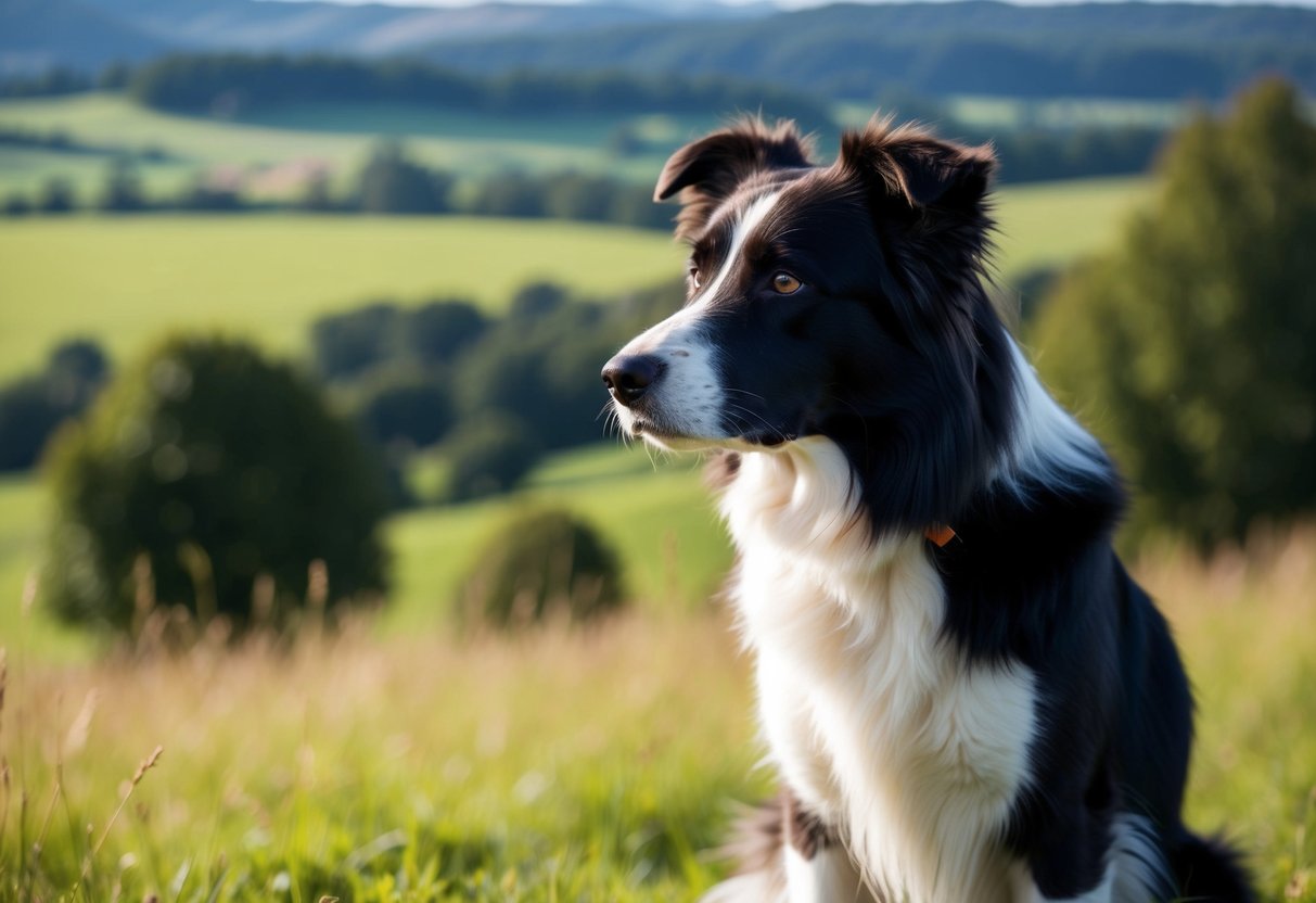 A serene Border Collie gazes thoughtfully at a peaceful countryside landscape, showcasing its intelligence and calm demeanor