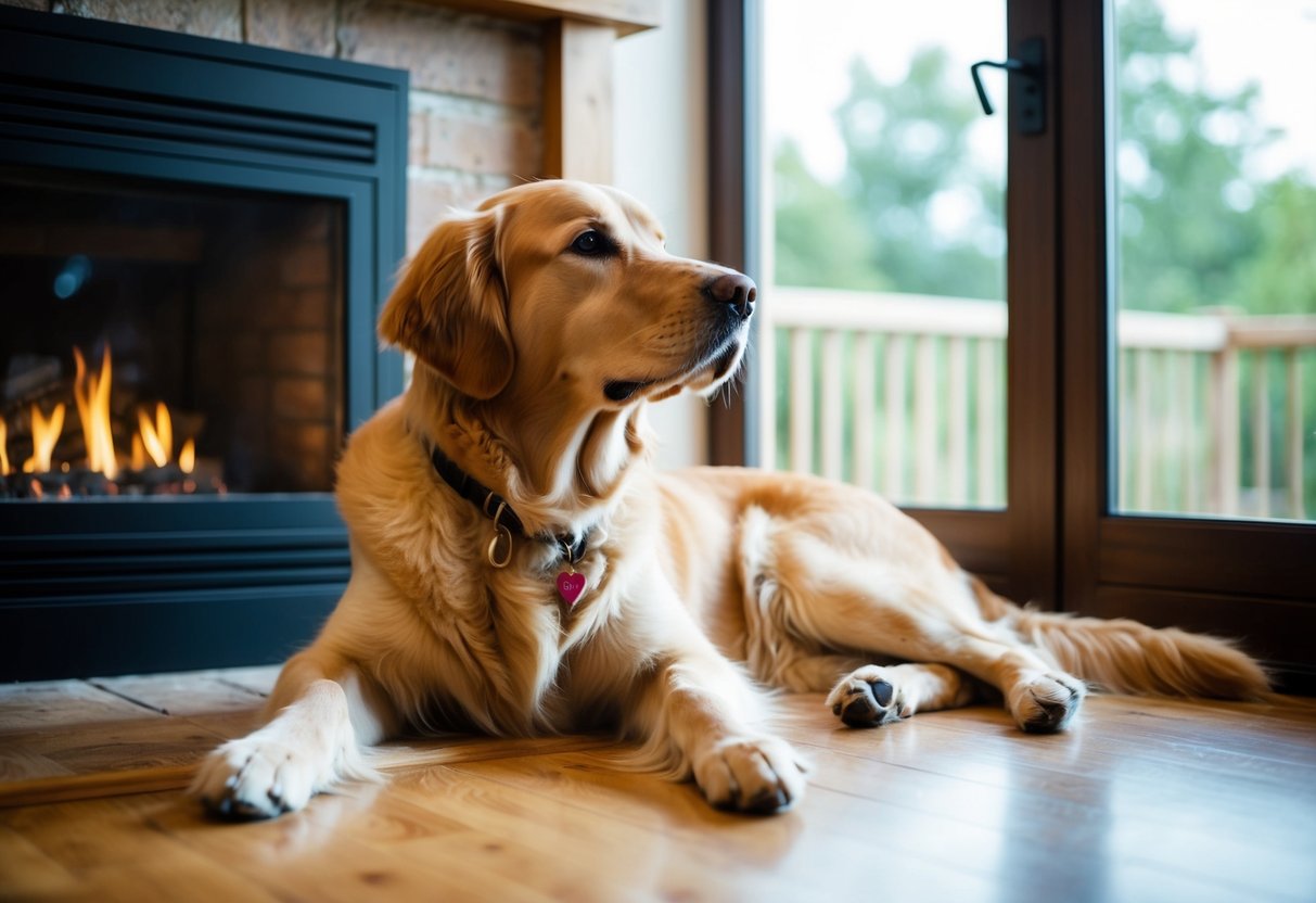 A golden retriever lying peacefully by a fireplace, gazing out the window with a thoughtful expression