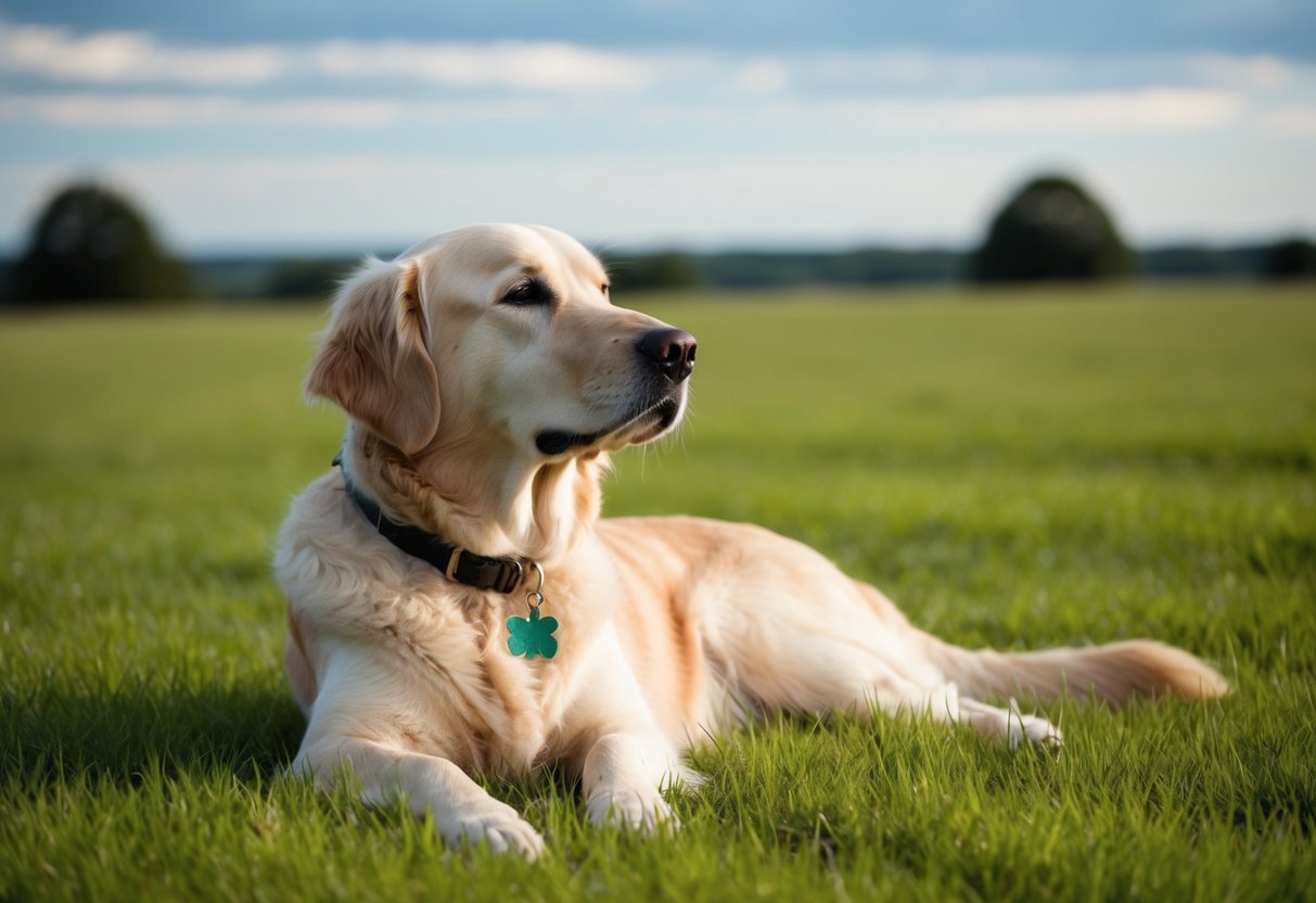 A golden retriever lies peacefully on a grassy field, gazing serenely at the horizon with a wise and gentle expression