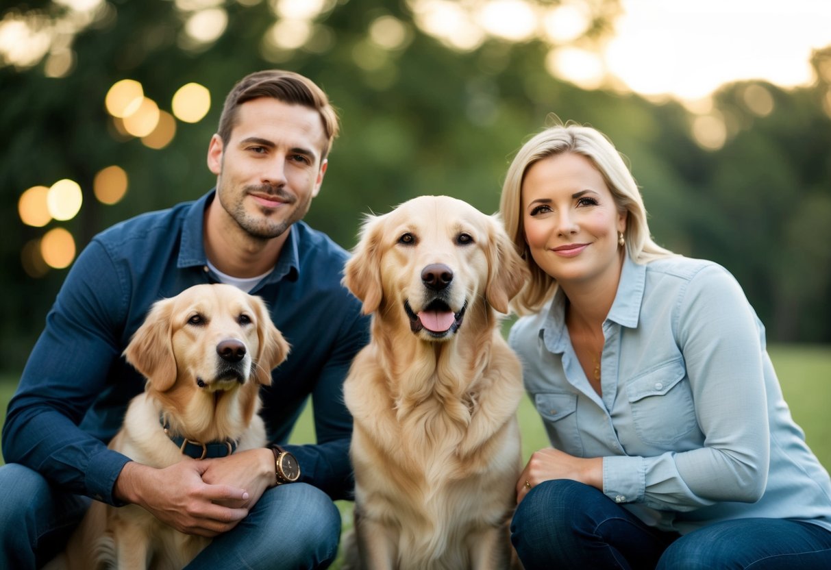 A serene Golden Retriever sits beside a family, displaying intelligence and calmness