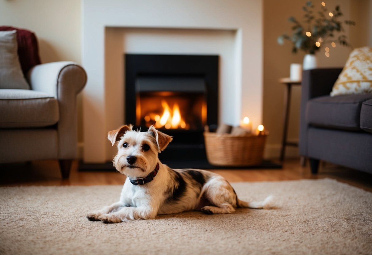 A small, scrappy terrier lounging by a cozy fire in a modest living room