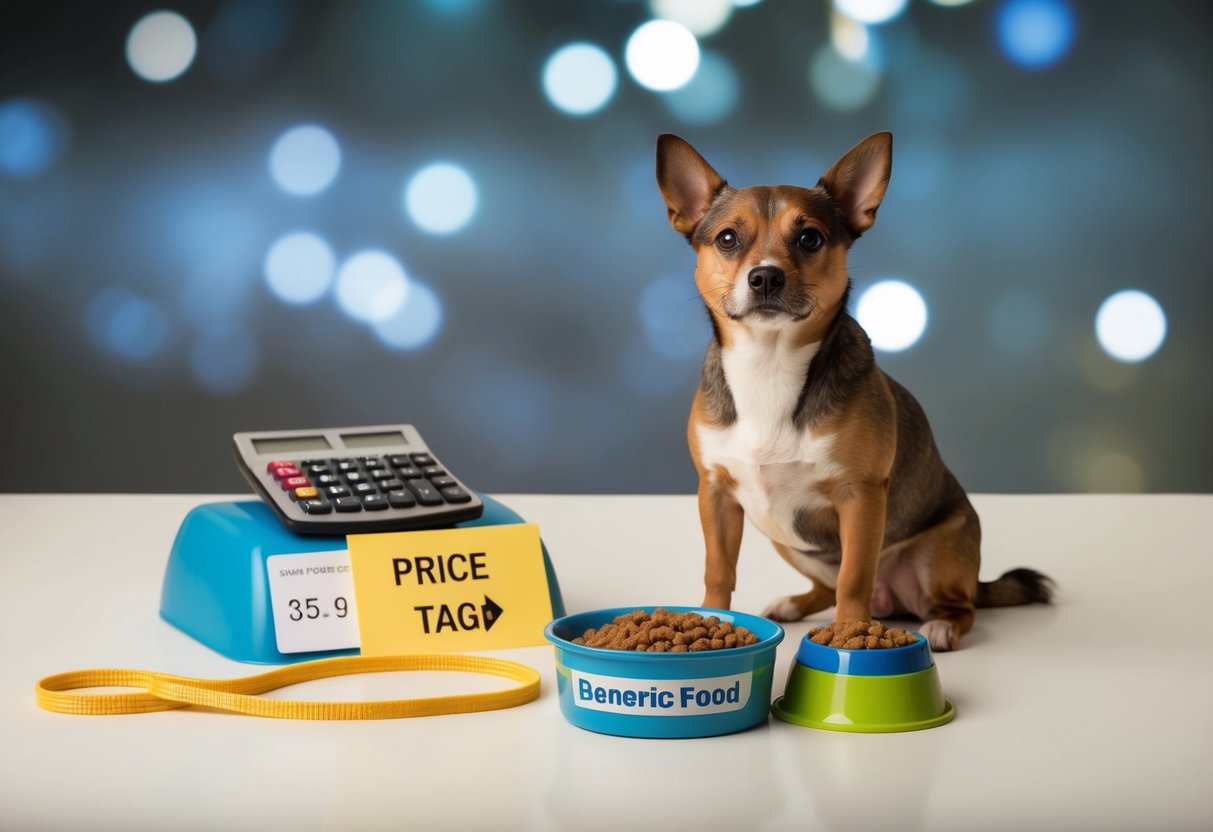 A small, mixed-breed dog sitting next to a bowl of generic dog food and a basic leash. A price tag and calculator in the background