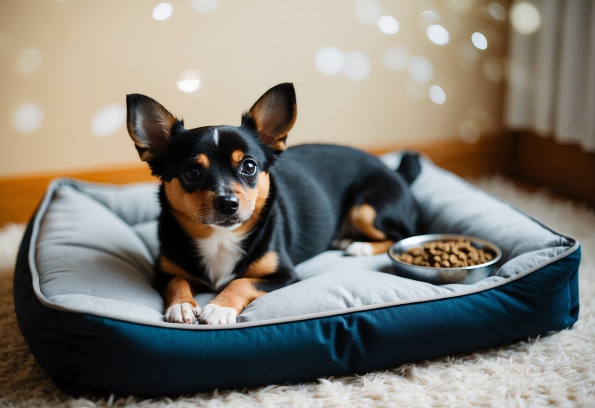 A small, mixed-breed dog lounging on a cozy bed with a bowl of kibble nearby