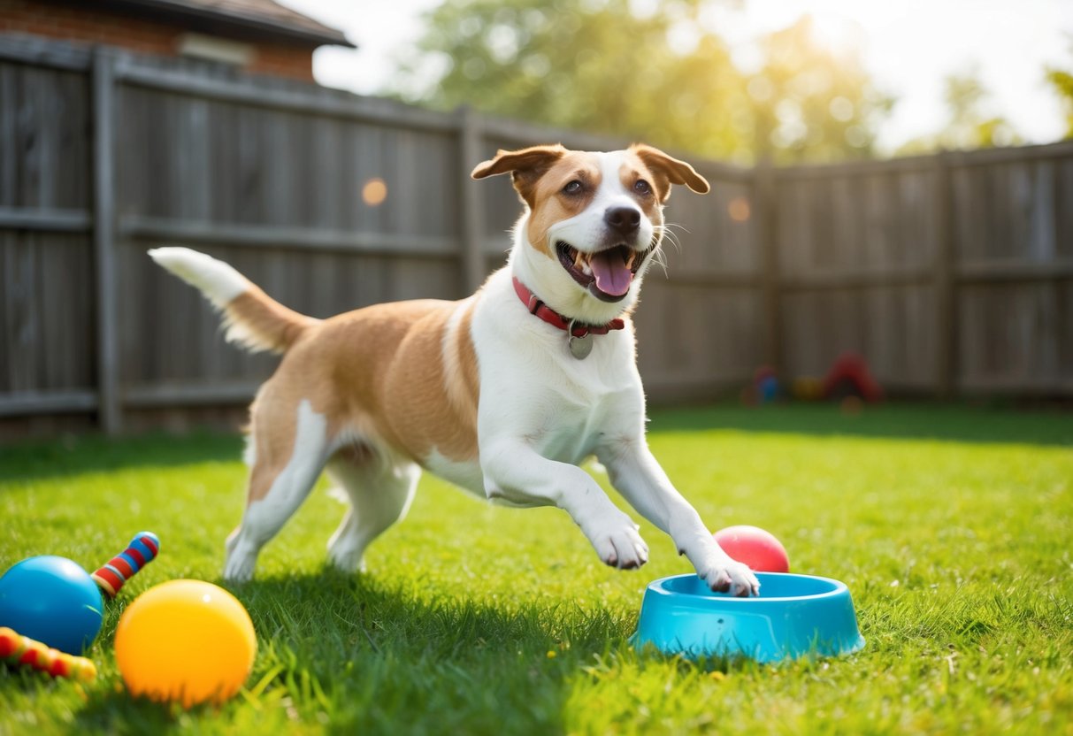 A happy dog playing in a fenced backyard, surrounded by toys and a water bowl