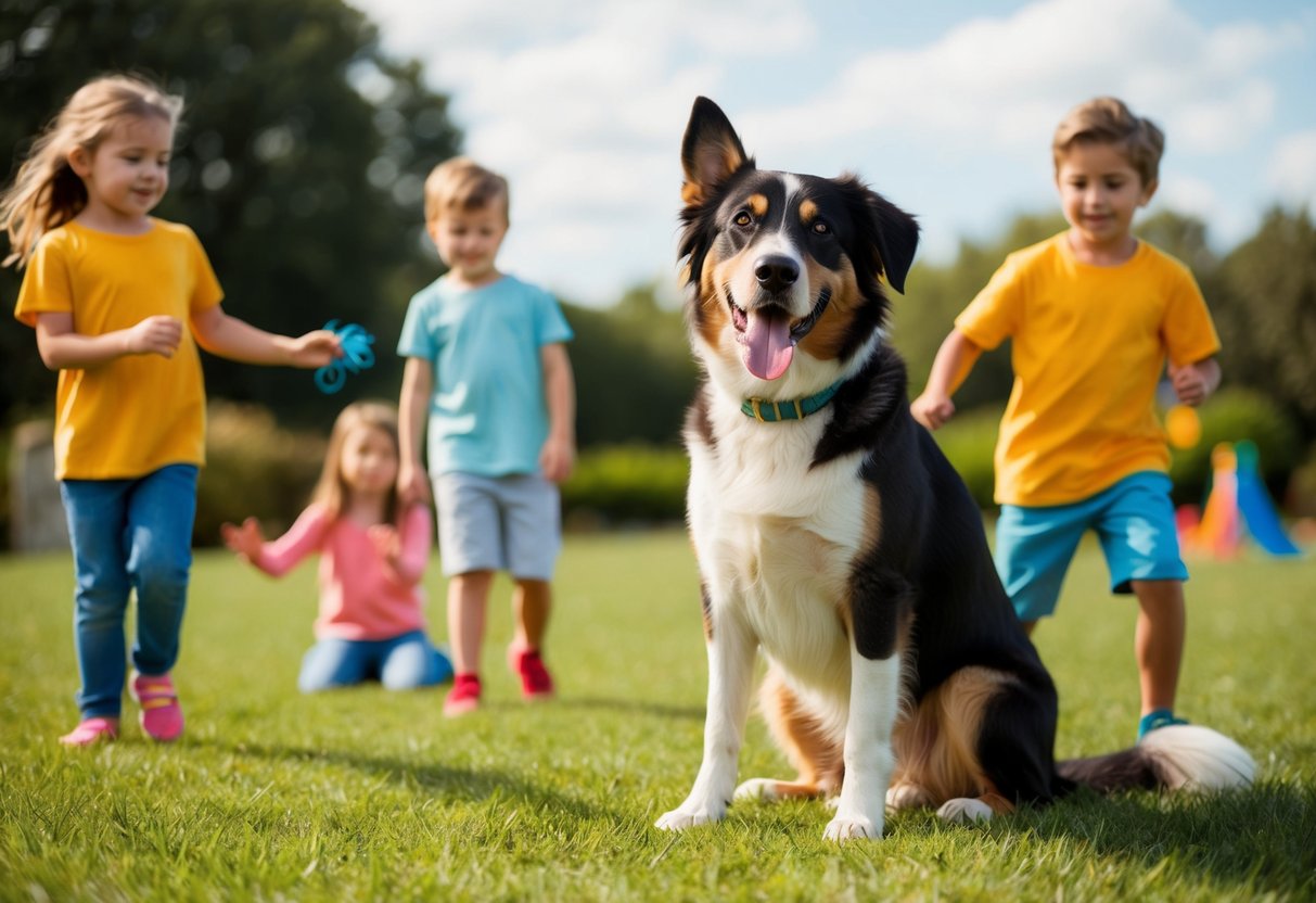 A friendly, calm dog sits beside a wagging tail, surrounded by children playing and a peaceful, serene environment