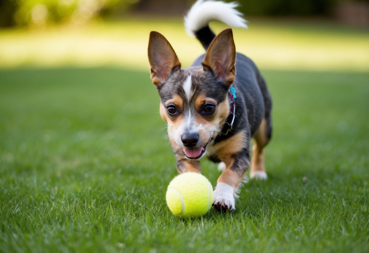 A small, mixed-breed dog happily plays with a tennis ball in a grassy backyard, showcasing the joy and companionship that can be found in adopting a cost-effective pet