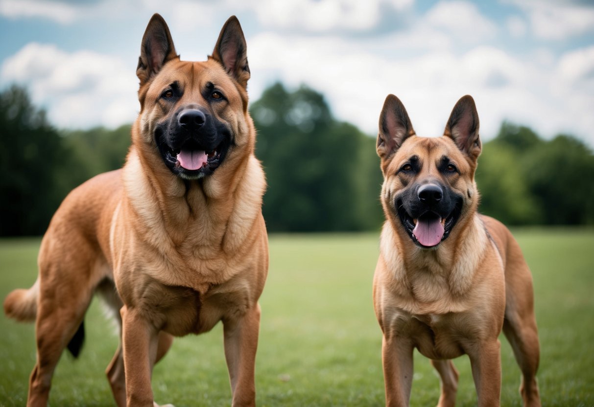 Two large guard dogs standing alert, one with a protective stance and the other with a friendly and loyal expression