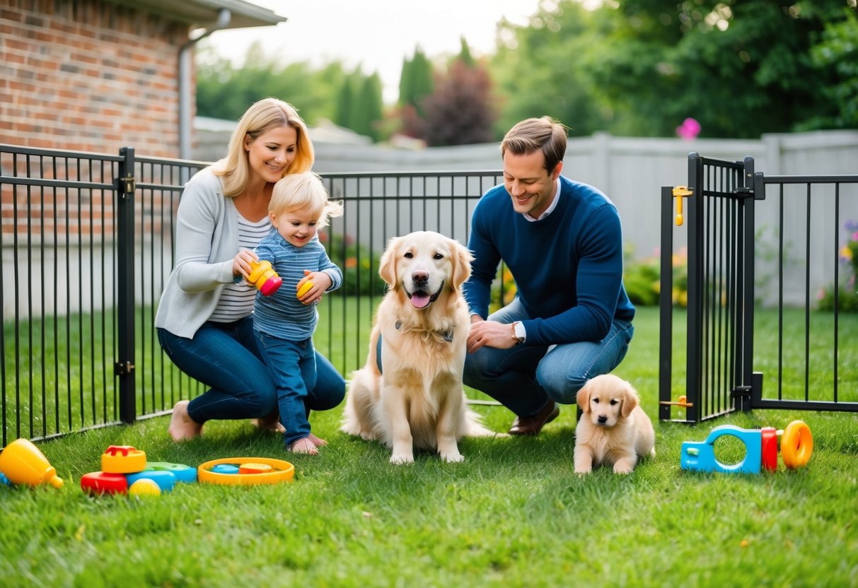 A family playing with a friendly and gentle golden retriever in a fenced backyard, surrounded by child-safe toys and a secure gate