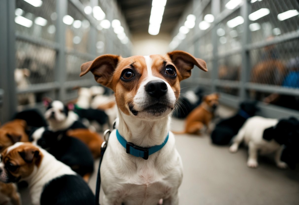 A small, scrappy dog sits in a crowded animal shelter, looking up with hopeful eyes