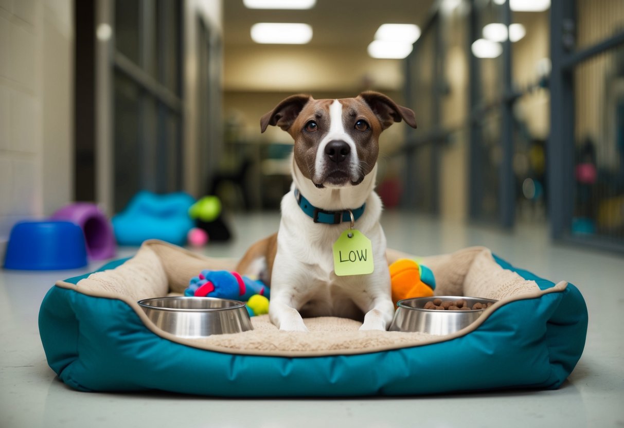 A shelter dog sits in a cozy bed, surrounded by toys and food bowls. A price tag with a low number hangs from its collar