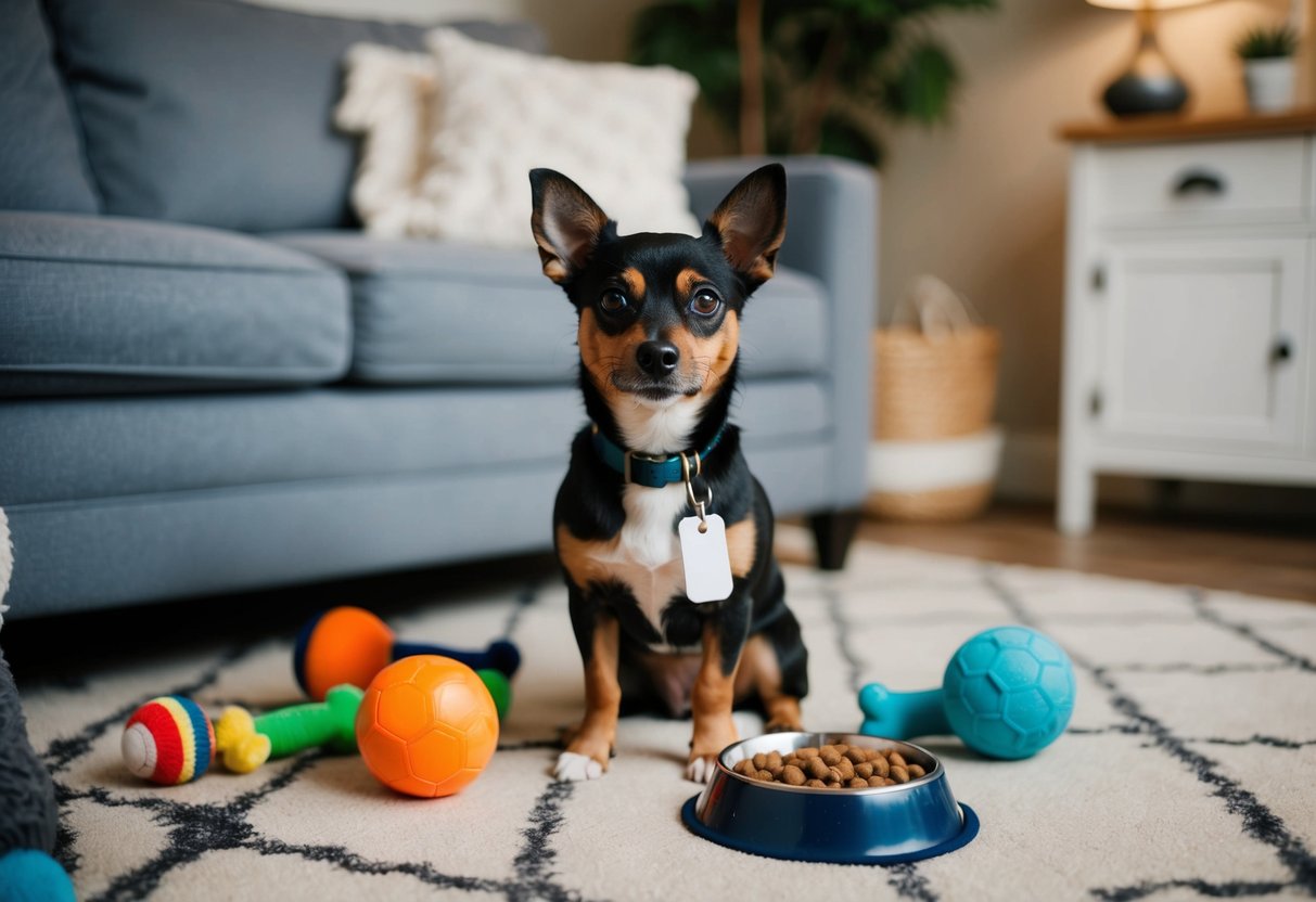 A small, mixed-breed dog sits in a cozy living room surrounded by dog toys and a bowl of kibble. A price tag hangs from its collar