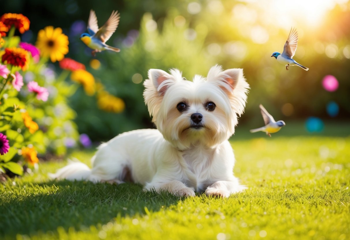 A small white Maltese dog peacefully lying in a sunlit garden, surrounded by colorful flowers and chirping birds