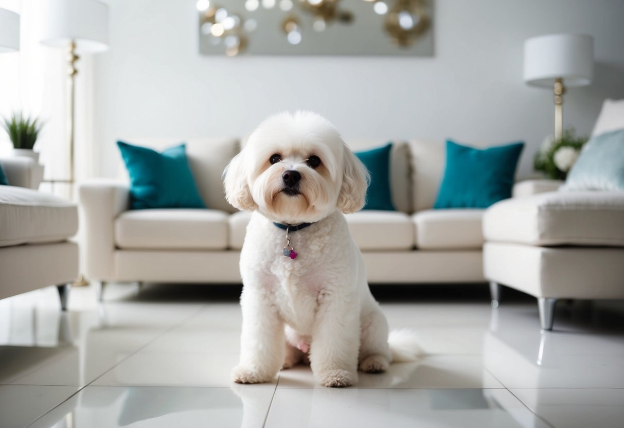 A white, fluffy Bichon Frise sits calmly in a pristine living room, surrounded by neatly arranged furniture and spotless floors