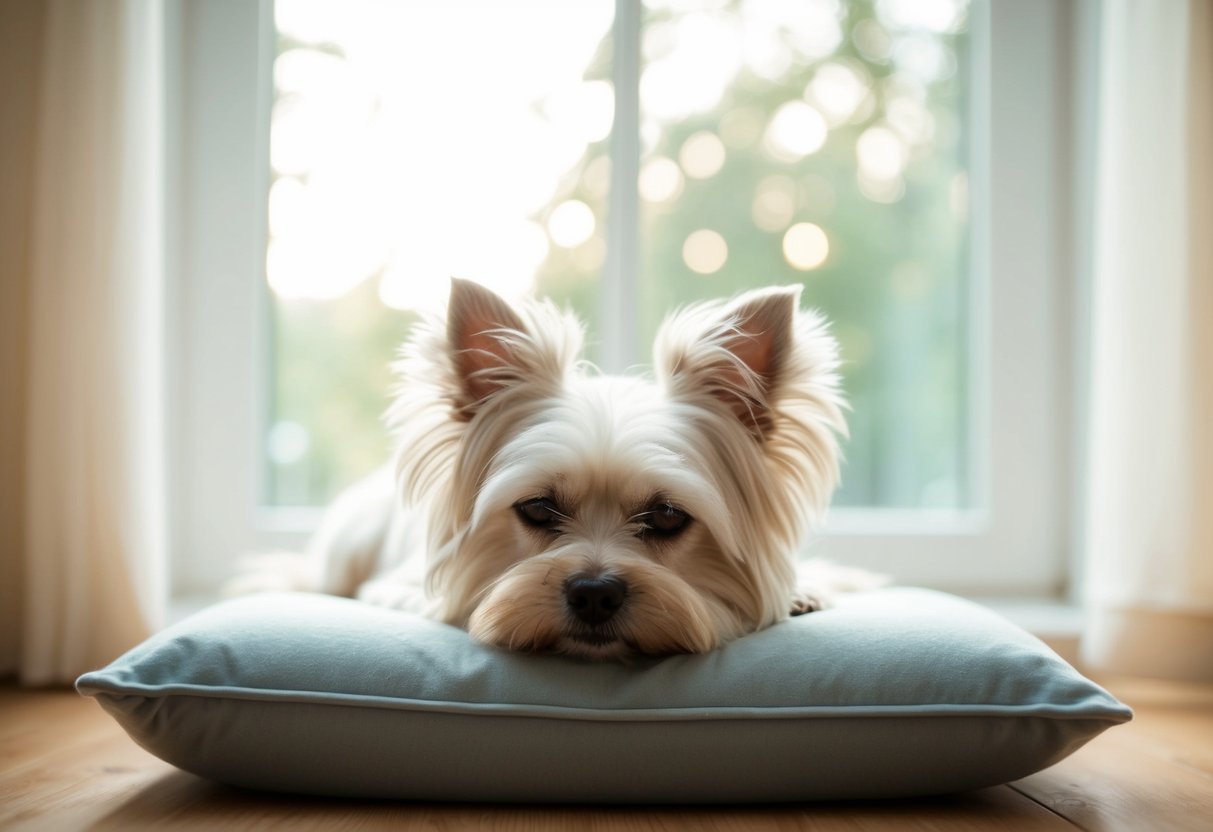 A serene Maltese dog lies peacefully on a soft cushion, surrounded by gentle sunlight filtering through a window