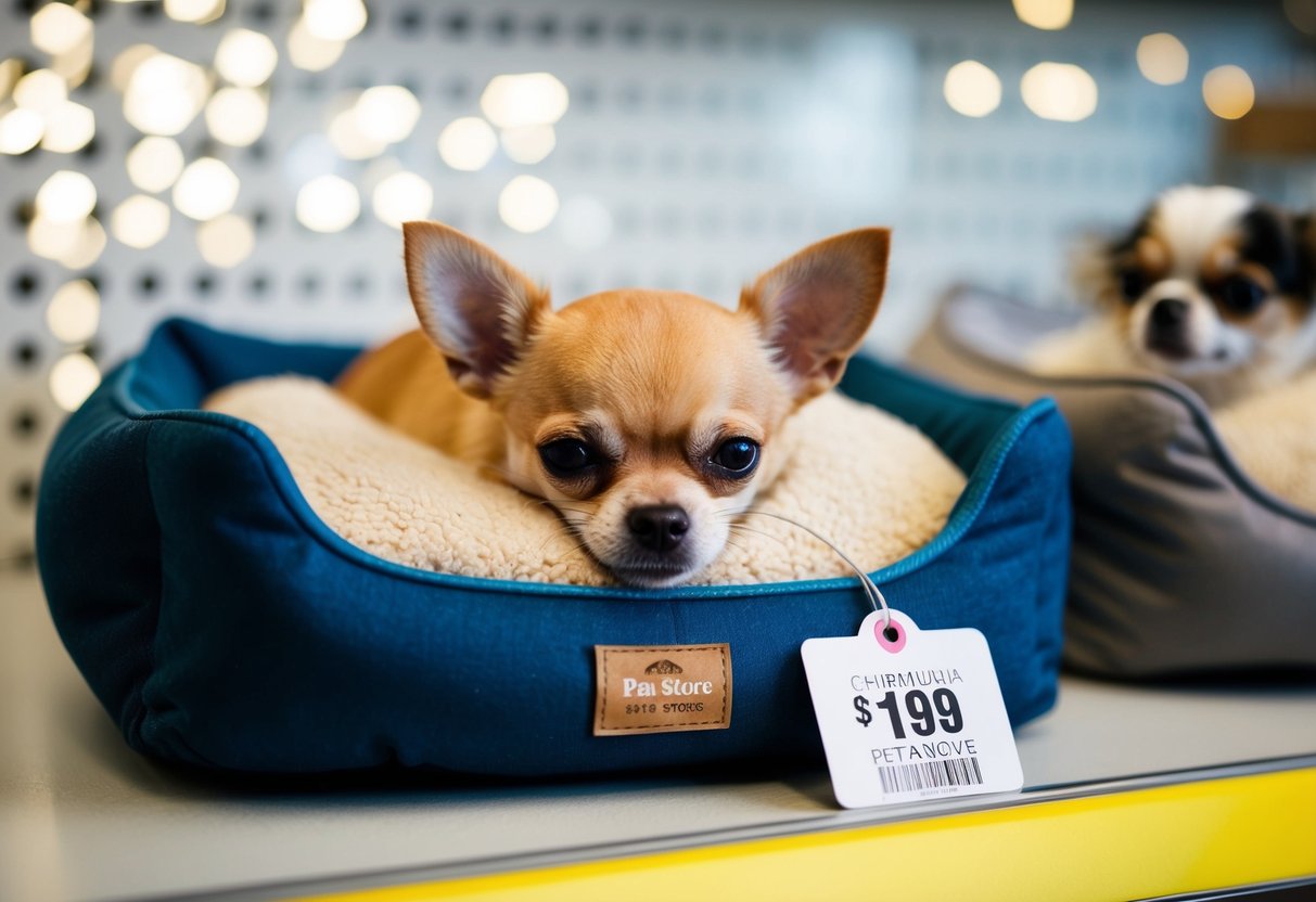 A tiny Chihuahua snuggled in a cozy bed with a price tag on a pet store shelf